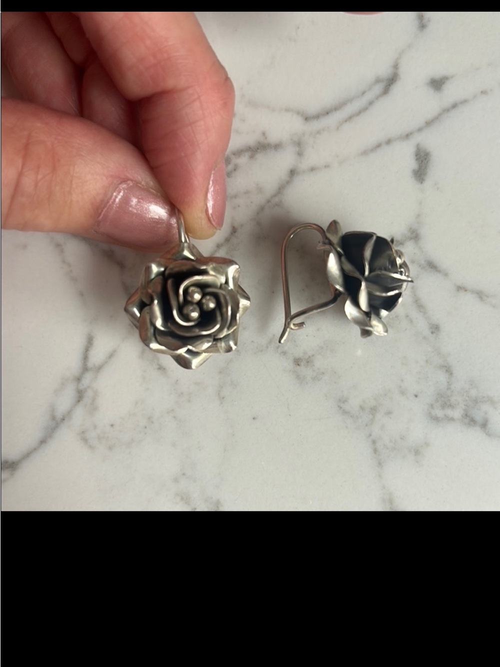 Sterling Silver Rose Drop Earrings - Floral pierced Earrings - Picture 3 of 5